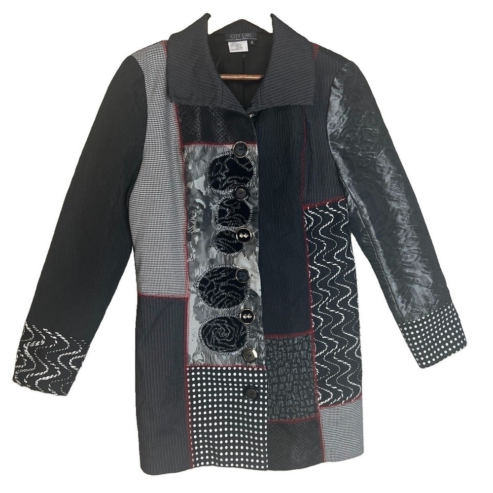 City Girl Nancy Bolen Black Gothic Patchwork Blazer Coat Women's Size Small